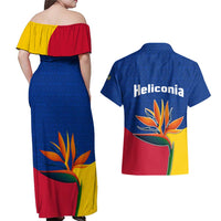 Colombia Heliconia Flower Couples Matching Off Shoulder Maxi Dress and Hawaiian Shirt with Flag Colors and Blue Cultural Pattern Design - Wonder Print Shop
