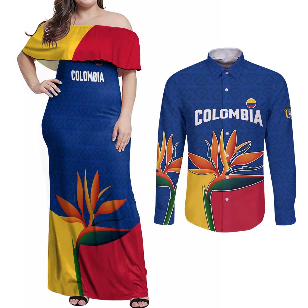 Colombia Heliconia Flower Couples Matching Off Shoulder Maxi Dress and Long Sleeve Button Shirt with Flag Colors and Blue Cultural Pattern Design - Wonder Print Shop