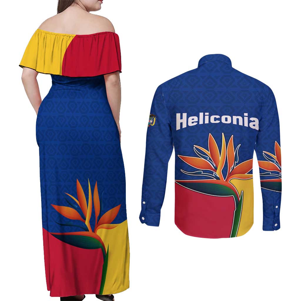 Colombia Heliconia Flower Couples Matching Off Shoulder Maxi Dress and Long Sleeve Button Shirt with Flag Colors and Blue Cultural Pattern Design - Wonder Print Shop