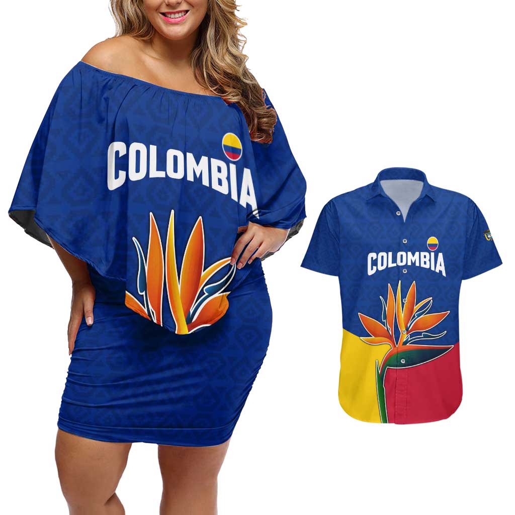 Colombia Heliconia Flower Couples Matching Off Shoulder Short Dress and Hawaiian Shirt with Flag Colors and Blue Cultural Pattern Design - Wonder Print Shop