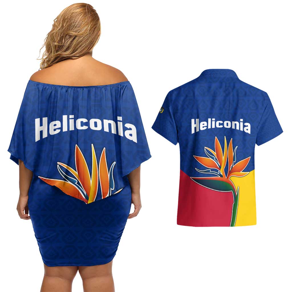 Colombia Heliconia Flower Couples Matching Off Shoulder Short Dress and Hawaiian Shirt with Flag Colors and Blue Cultural Pattern Design - Wonder Print Shop
