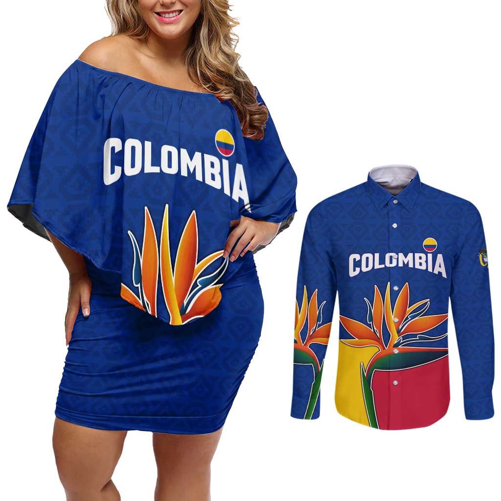 Colombia Heliconia Flower Couples Matching Off Shoulder Short Dress and Long Sleeve Button Shirt with Flag Colors and Blue Cultural Pattern Design - Wonder Print Shop