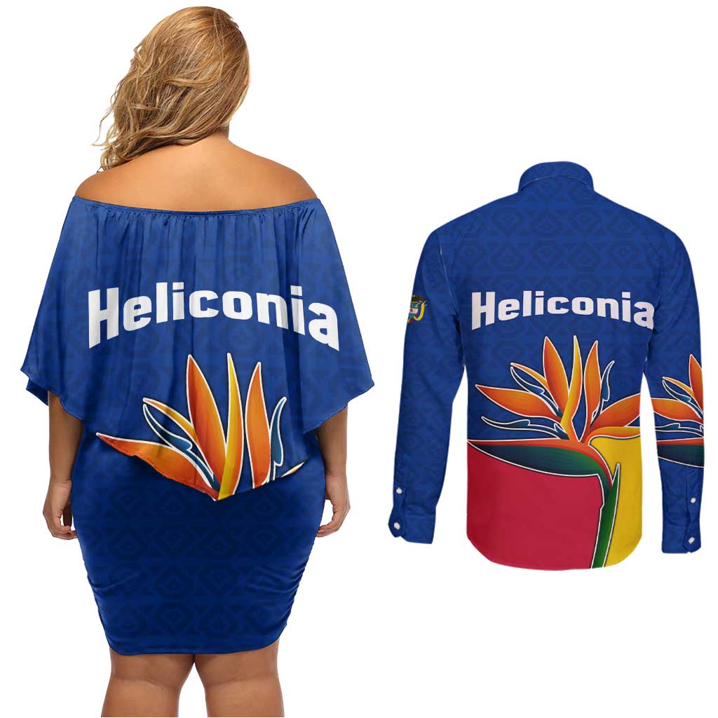 Colombia Heliconia Flower Couples Matching Off Shoulder Short Dress and Long Sleeve Button Shirt with Flag Colors and Blue Cultural Pattern Design - Wonder Print Shop