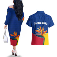 Colombia Heliconia Flower Couples Matching Off The Shoulder Long Sleeve Dress and Hawaiian Shirt with Flag Colors and Blue Cultural Pattern Design - Wonder Print Shop