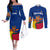 Colombia Heliconia Flower Couples Matching Off The Shoulder Long Sleeve Dress and Long Sleeve Button Shirt with Flag Colors and Blue Cultural Pattern Design - Wonder Print Shop