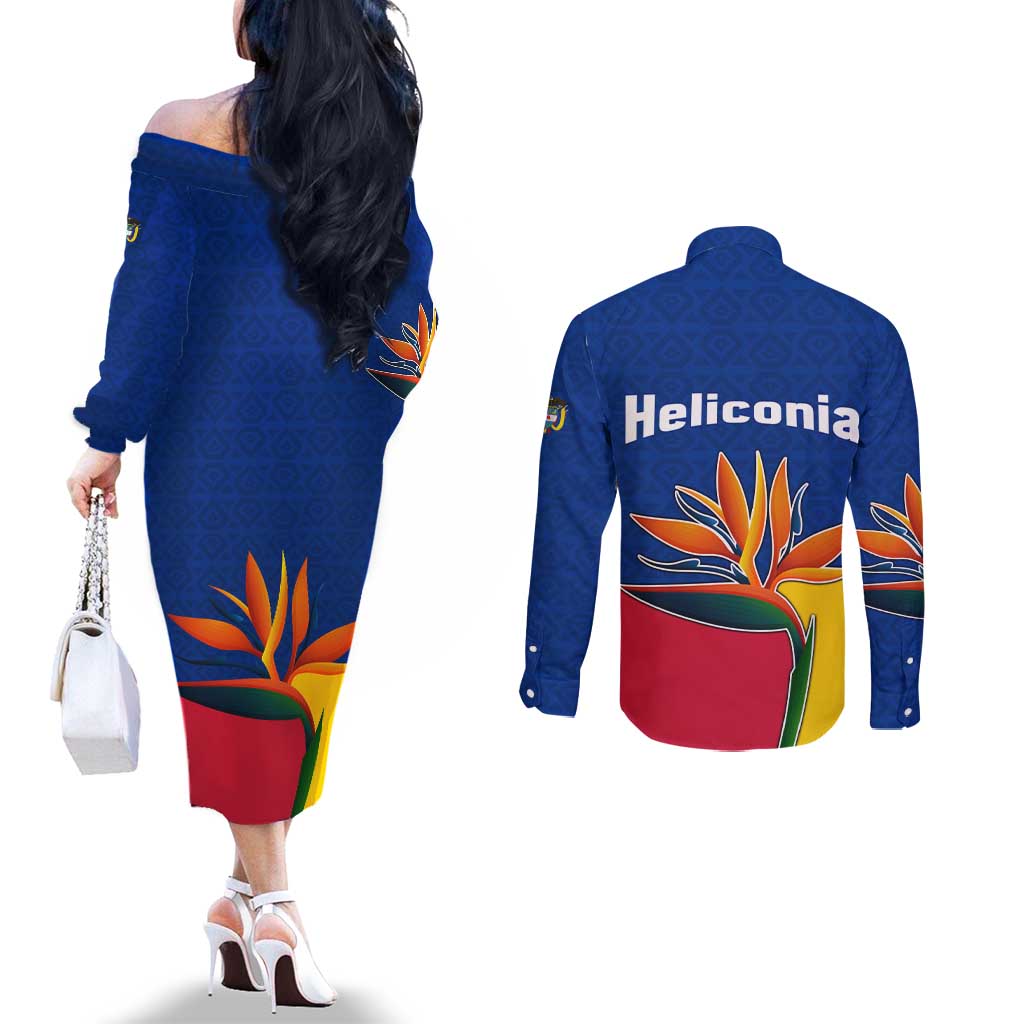 Colombia Heliconia Flower Couples Matching Off The Shoulder Long Sleeve Dress and Long Sleeve Button Shirt with Flag Colors and Blue Cultural Pattern Design - Wonder Print Shop