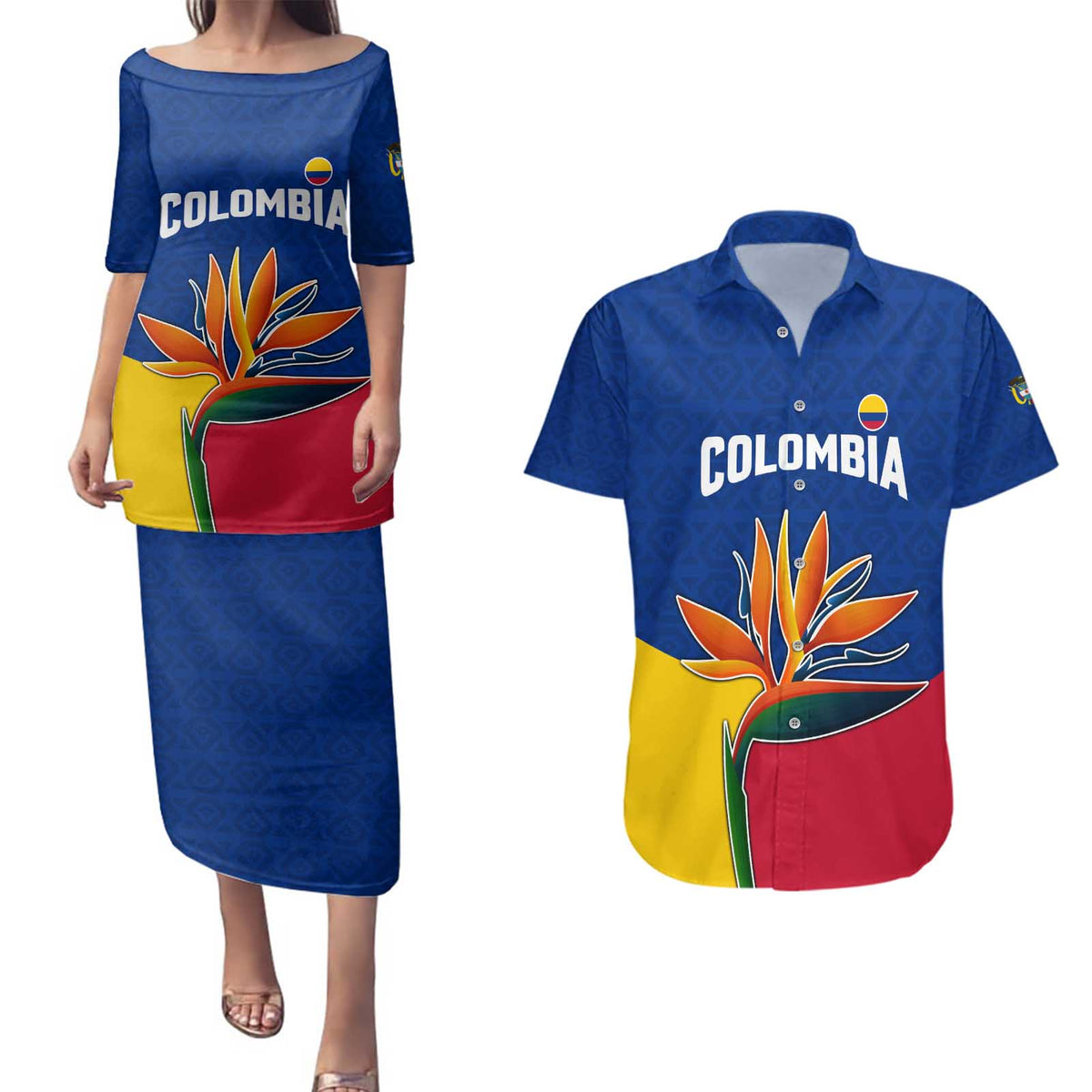 Colombia Heliconia Flower Couples Matching Puletasi and Hawaiian Shirt with Flag Colors and Blue Cultural Pattern Design - Wonder Print Shop