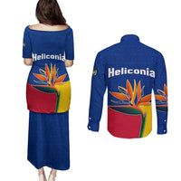 Colombia Heliconia Flower Couples Matching Puletasi and Long Sleeve Button Shirt with Flag Colors and Blue Cultural Pattern Design - Wonder Print Shop