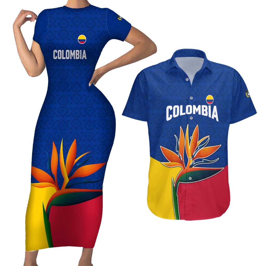 Colombia Heliconia Flower Couples Matching Short Sleeve Bodycon Dress and Hawaiian Shirt with Flag Colors and Blue Cultural Pattern Design - Wonder Print Shop