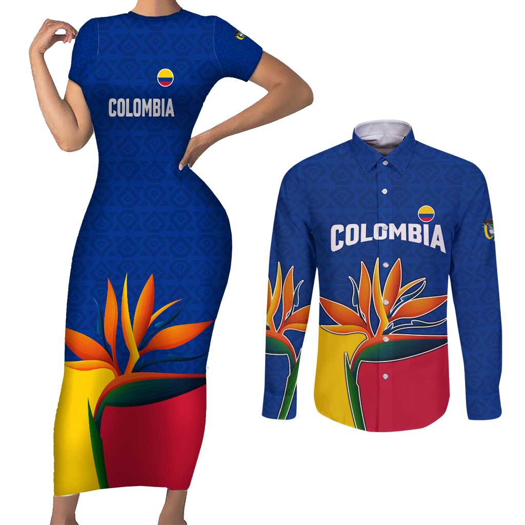Colombia Heliconia Flower Couples Matching Short Sleeve Bodycon Dress and Long Sleeve Button Shirt with Flag Colors and Blue Cultural Pattern Design - Wonder Print Shop