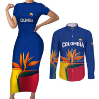 Colombia Heliconia Flower Couples Matching Short Sleeve Bodycon Dress and Long Sleeve Button Shirt with Flag Colors and Blue Cultural Pattern Design - Wonder Print Shop