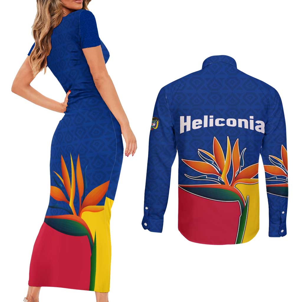 Colombia Heliconia Flower Couples Matching Short Sleeve Bodycon Dress and Long Sleeve Button Shirt with Flag Colors and Blue Cultural Pattern Design - Wonder Print Shop