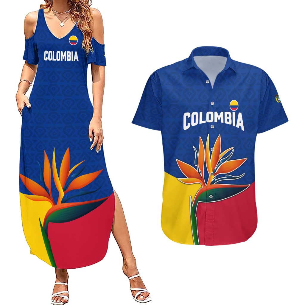 Colombia Heliconia Flower Couples Matching Summer Maxi Dress and Hawaiian Shirt with Flag Colors and Blue Cultural Pattern Design - Wonder Print Shop