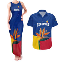Colombia Heliconia Flower Couples Matching Tank Maxi Dress and Hawaiian Shirt with Flag Colors and Blue Cultural Pattern Design - Wonder Print Shop