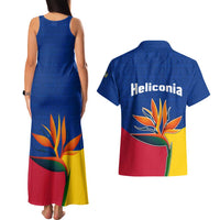Colombia Heliconia Flower Couples Matching Tank Maxi Dress and Hawaiian Shirt with Flag Colors and Blue Cultural Pattern Design - Wonder Print Shop