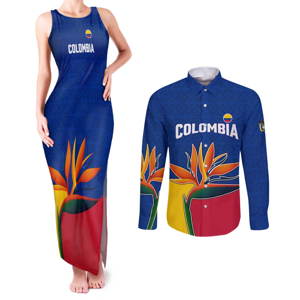 Colombia Heliconia Flower Couples Matching Tank Maxi Dress and Long Sleeve Button Shirt with Flag Colors and Blue Cultural Pattern Design - Wonder Print Shop