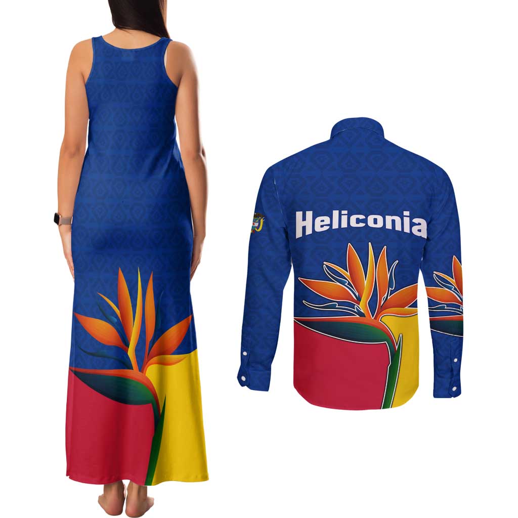 Colombia Heliconia Flower Couples Matching Tank Maxi Dress and Long Sleeve Button Shirt with Flag Colors and Blue Cultural Pattern Design - Wonder Print Shop