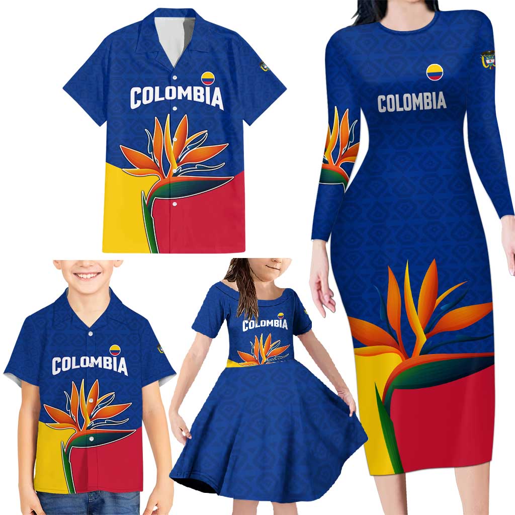Colombia Heliconia Flower Family Matching Long Sleeve Bodycon Dress and Hawaiian Shirt with Flag Colors and Blue Cultural Pattern Design - Wonder Print Shop