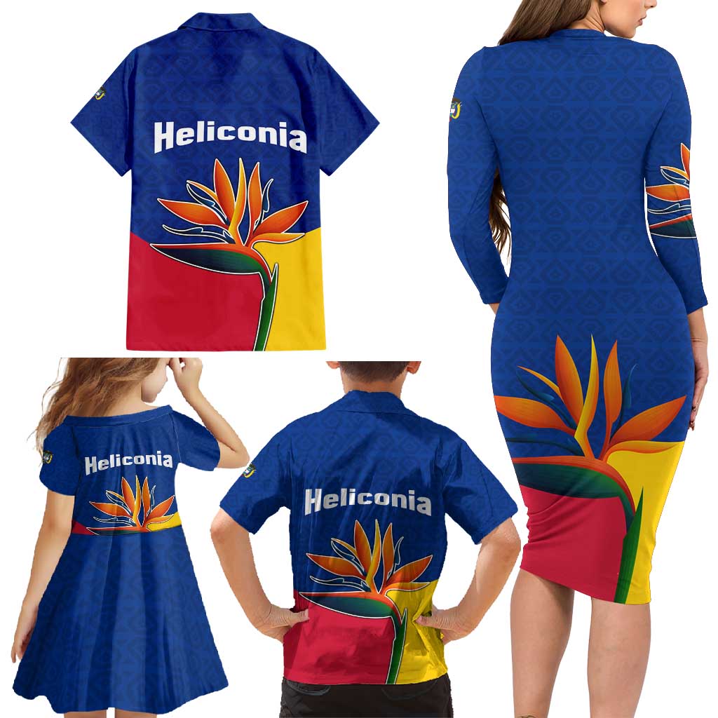 Colombia Heliconia Flower Family Matching Long Sleeve Bodycon Dress and Hawaiian Shirt with Flag Colors and Blue Cultural Pattern Design - Wonder Print Shop