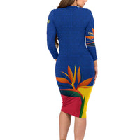 Colombia Heliconia Flower Family Matching Long Sleeve Bodycon Dress and Hawaiian Shirt with Flag Colors and Blue Cultural Pattern Design - Wonder Print Shop
