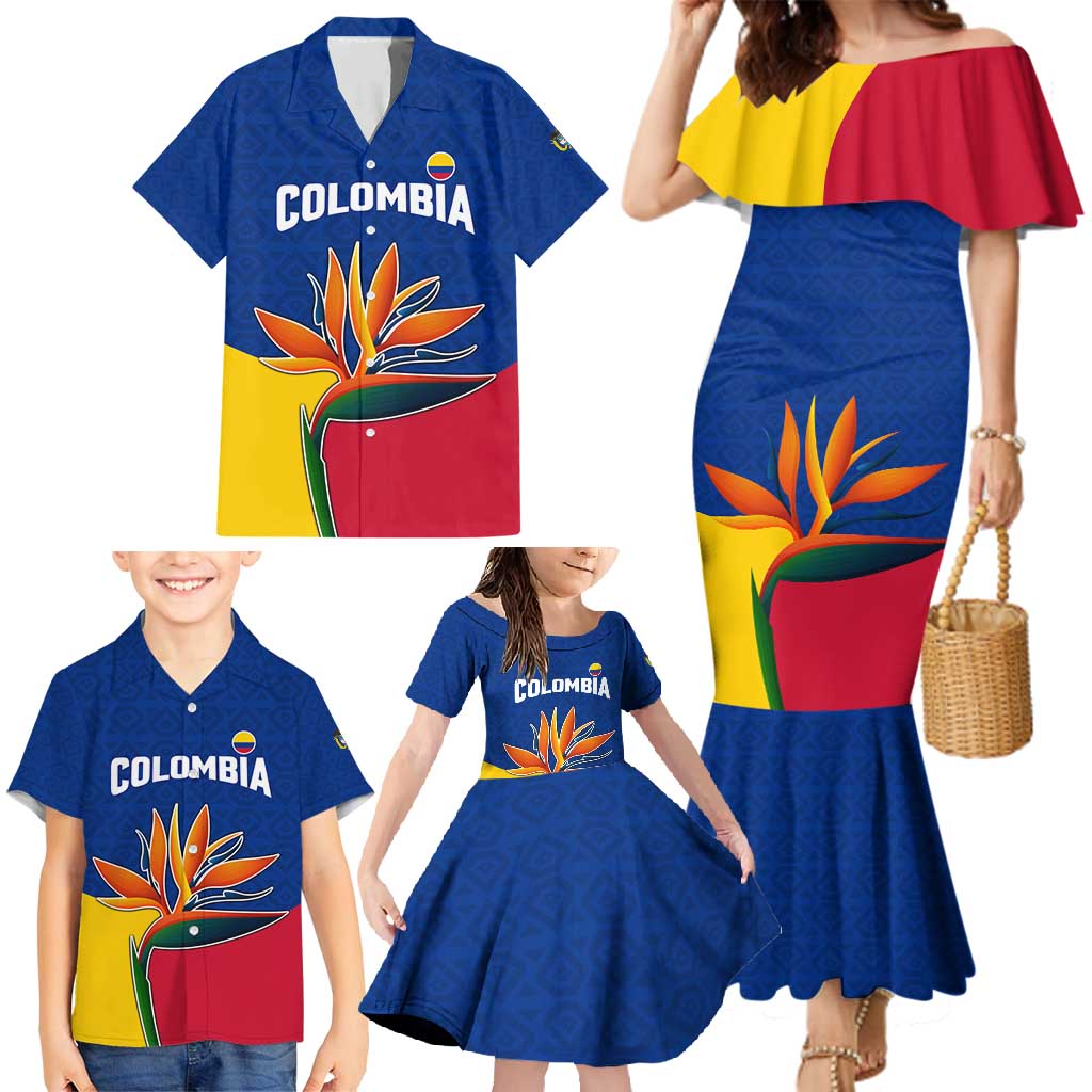 Colombia Heliconia Flower Family Matching Mermaid Dress and Hawaiian Shirt with Flag Colors and Blue Cultural Pattern Design - Wonder Print Shop