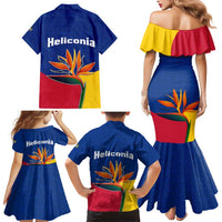 Colombia Heliconia Flower Family Matching Mermaid Dress and Hawaiian Shirt with Flag Colors and Blue Cultural Pattern Design - Wonder Print Shop