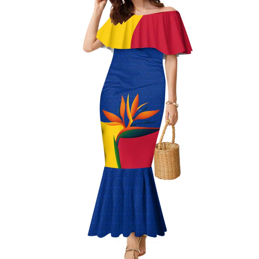 Colombia Heliconia Flower Family Matching Mermaid Dress and Hawaiian Shirt with Flag Colors and Blue Cultural Pattern Design - Wonder Print Shop