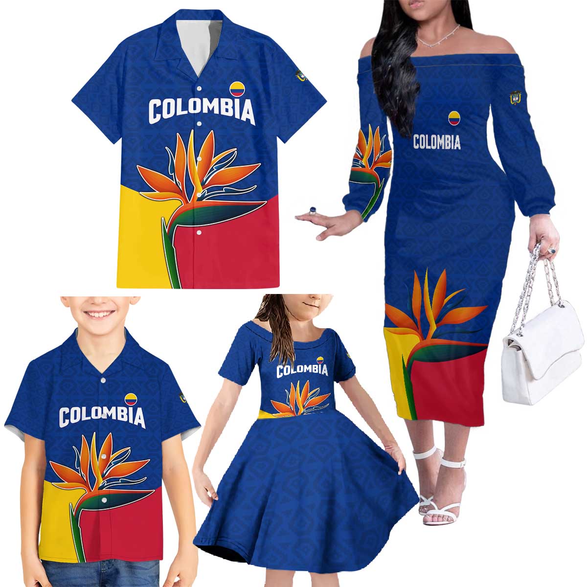 Colombia Heliconia Flower Family Matching Off The Shoulder Long Sleeve Dress and Hawaiian Shirt with Flag Colors and Blue Cultural Pattern Design - Wonder Print Shop