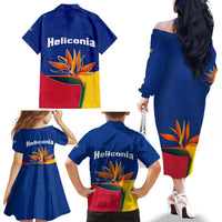 Colombia Heliconia Flower Family Matching Off The Shoulder Long Sleeve Dress and Hawaiian Shirt with Flag Colors and Blue Cultural Pattern Design - Wonder Print Shop
