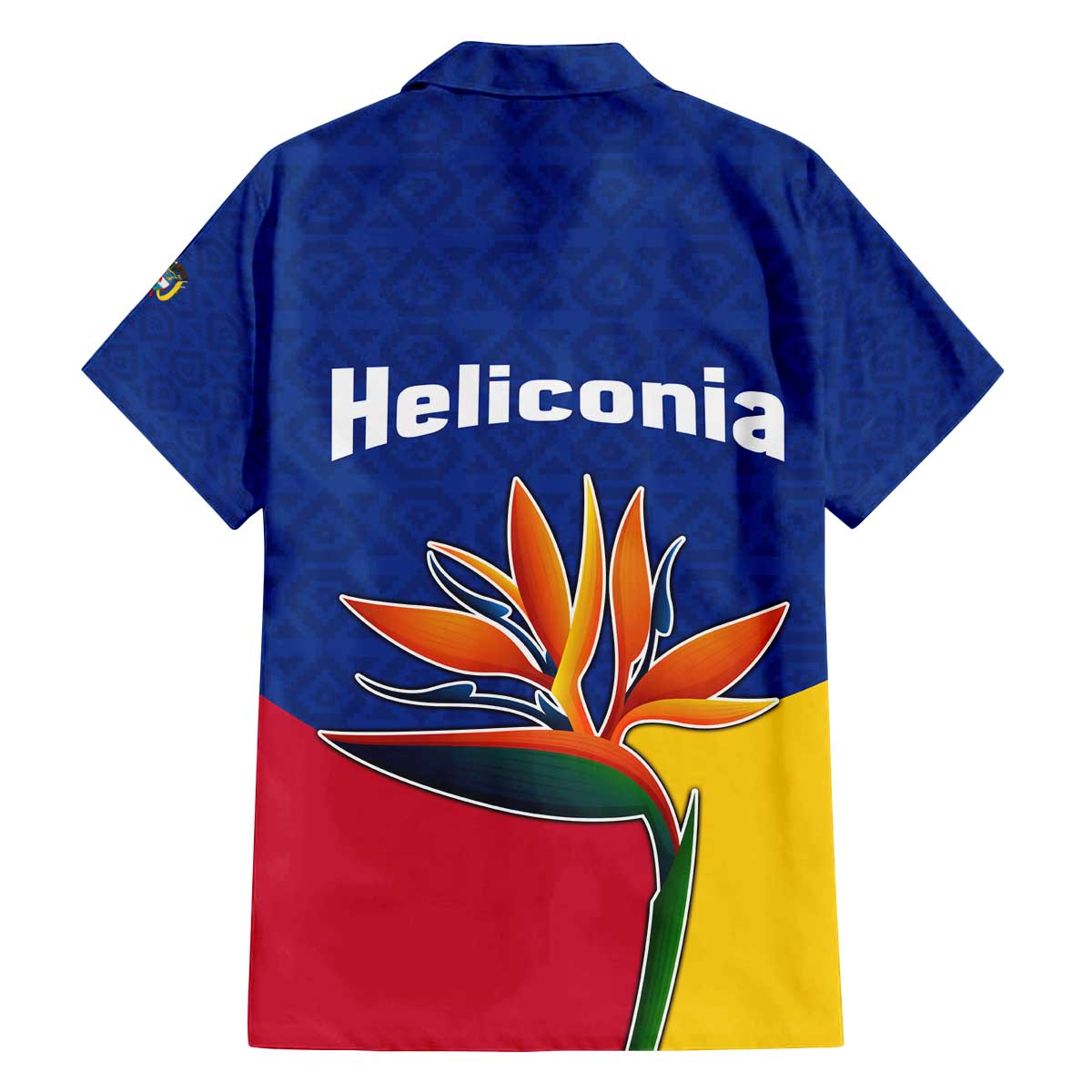 Colombia Heliconia Flower Family Matching Off The Shoulder Long Sleeve Dress and Hawaiian Shirt with Flag Colors and Blue Cultural Pattern Design - Wonder Print Shop