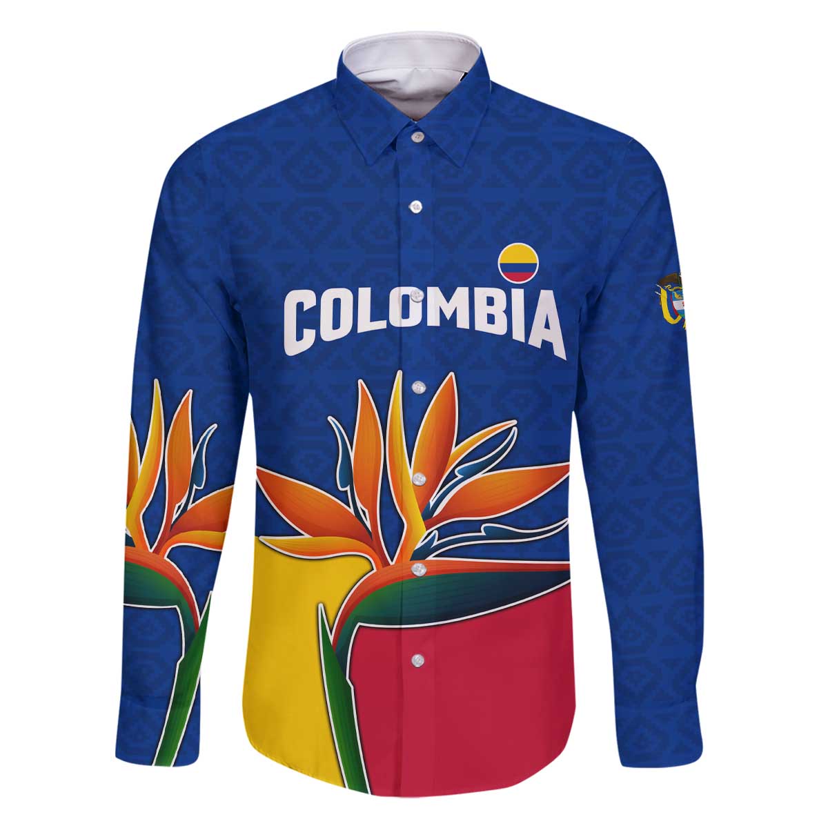 Colombia Heliconia Flower Family Matching Off The Shoulder Long Sleeve Dress and Hawaiian Shirt with Flag Colors and Blue Cultural Pattern Design - Wonder Print Shop