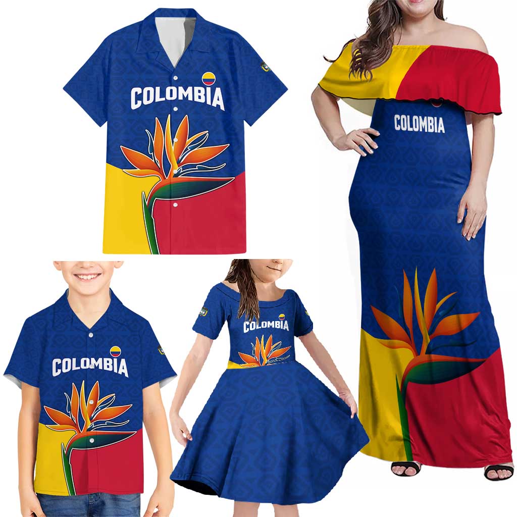 Colombia Heliconia Flower Family Matching Off Shoulder Maxi Dress and Hawaiian Shirt with Flag Colors and Blue Cultural Pattern Design - Wonder Print Shop