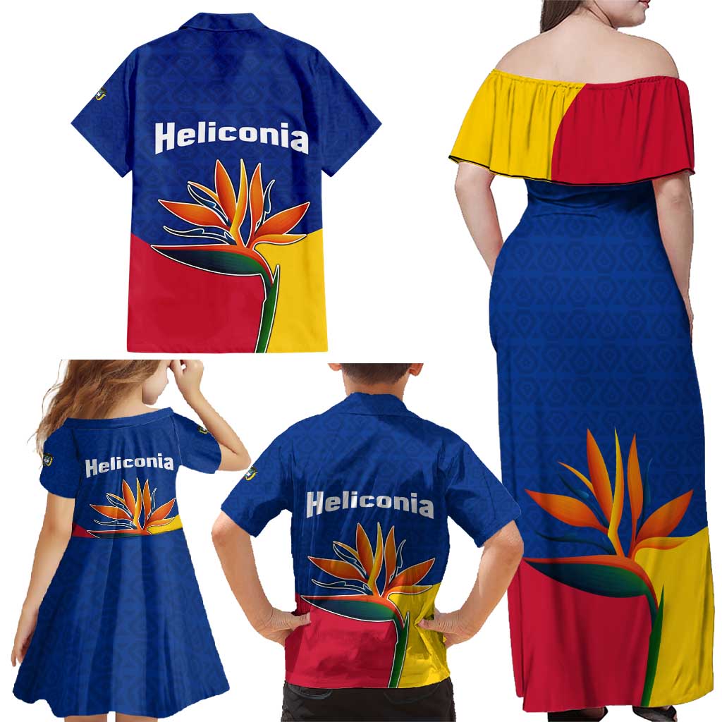 Colombia Heliconia Flower Family Matching Off Shoulder Maxi Dress and Hawaiian Shirt with Flag Colors and Blue Cultural Pattern Design - Wonder Print Shop