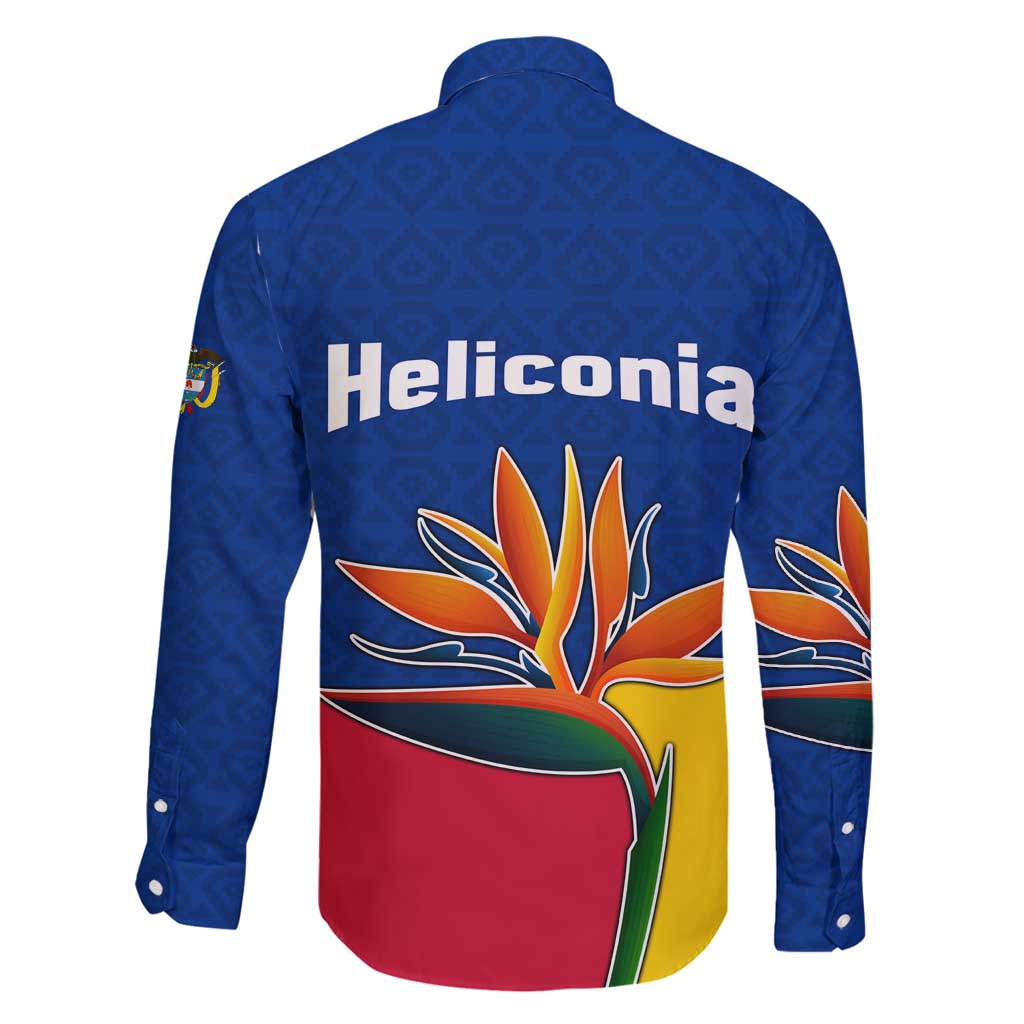 Colombia Heliconia Flower Family Matching Off Shoulder Maxi Dress and Hawaiian Shirt with Flag Colors and Blue Cultural Pattern Design - Wonder Print Shop