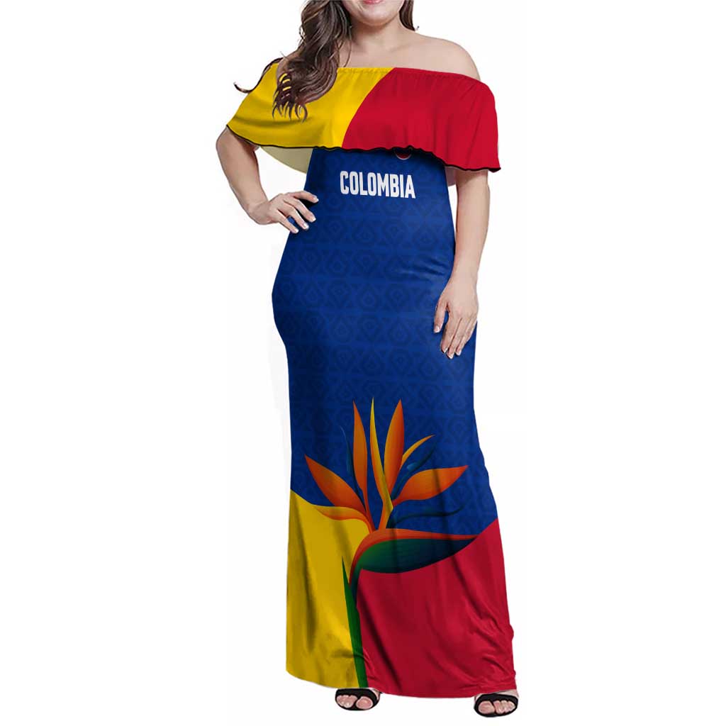 Colombia Heliconia Flower Family Matching Off Shoulder Maxi Dress and Hawaiian Shirt with Flag Colors and Blue Cultural Pattern Design - Wonder Print Shop
