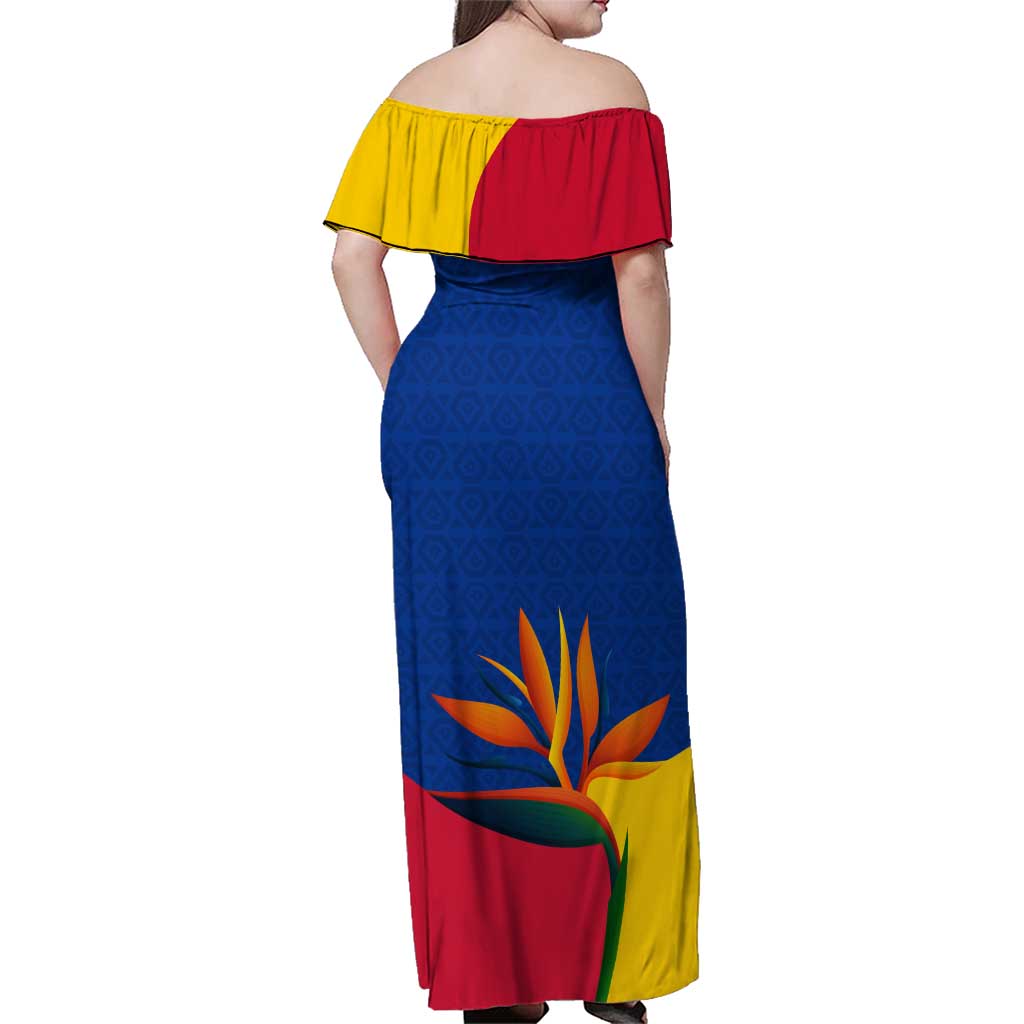 Colombia Heliconia Flower Family Matching Off Shoulder Maxi Dress and Hawaiian Shirt with Flag Colors and Blue Cultural Pattern Design - Wonder Print Shop