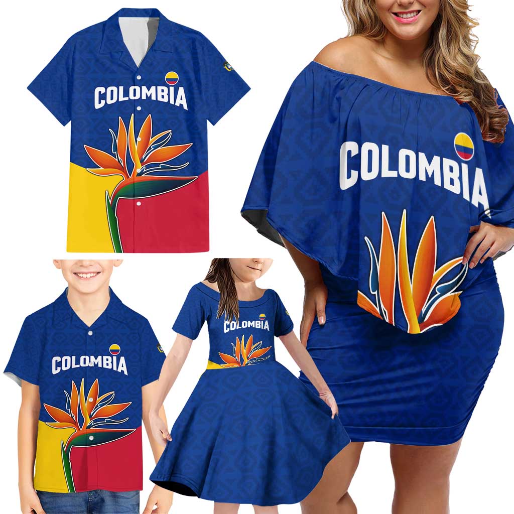 Colombia Heliconia Flower Family Matching Off Shoulder Short Dress and Hawaiian Shirt with Flag Colors and Blue Cultural Pattern Design - Wonder Print Shop