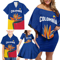 Colombia Heliconia Flower Family Matching Off Shoulder Short Dress and Hawaiian Shirt with Flag Colors and Blue Cultural Pattern Design - Wonder Print Shop