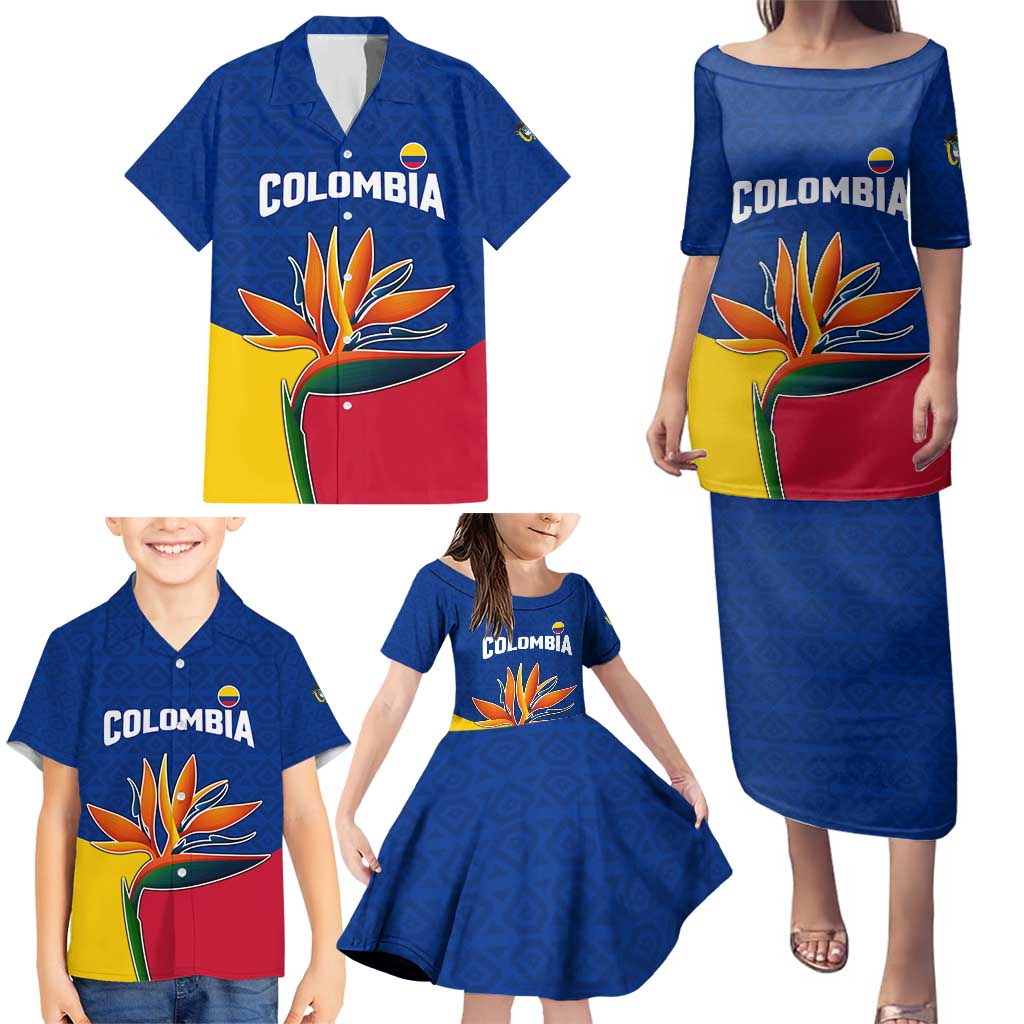Colombia Heliconia Flower Family Matching Puletasi and Hawaiian Shirt with Flag Colors and Blue Cultural Pattern Design - Wonder Print Shop
