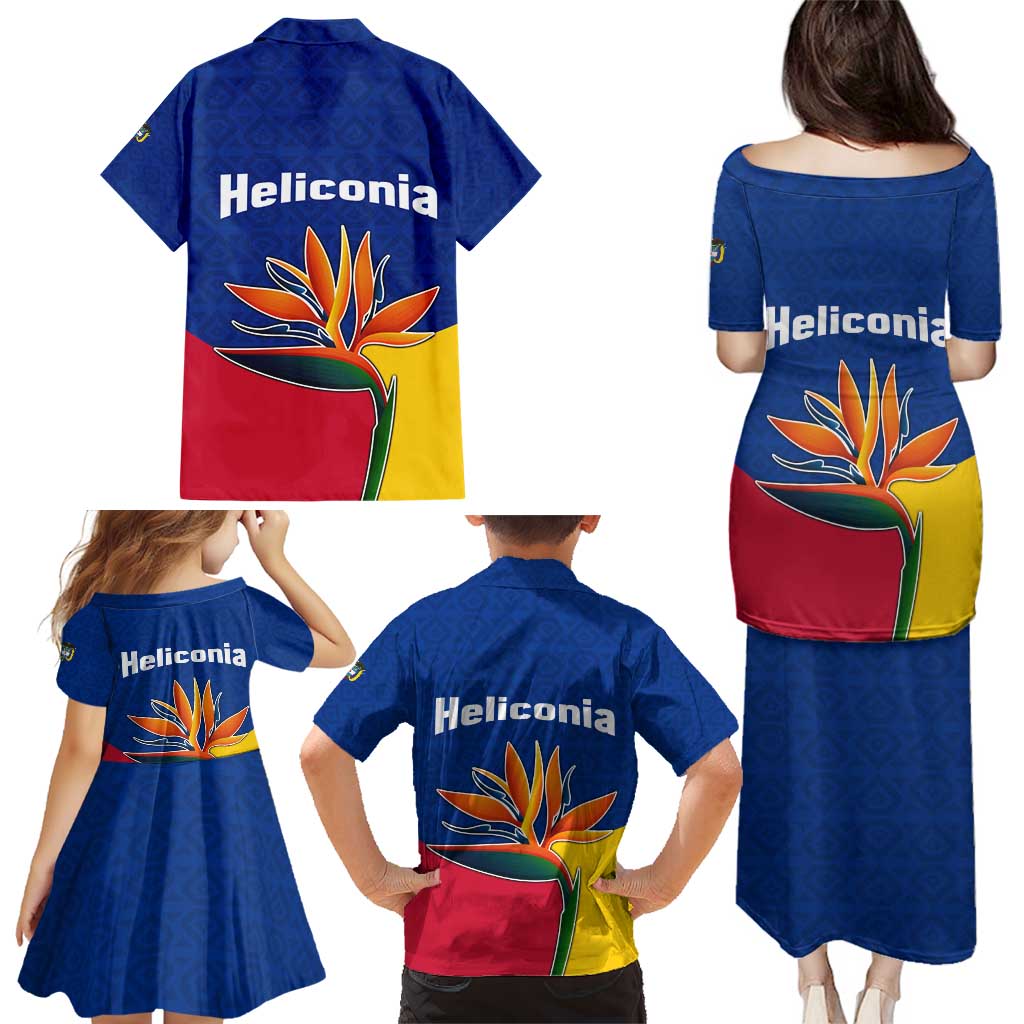 Colombia Heliconia Flower Family Matching Puletasi and Hawaiian Shirt with Flag Colors and Blue Cultural Pattern Design - Wonder Print Shop