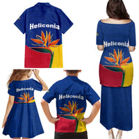 Colombia Heliconia Flower Family Matching Puletasi and Hawaiian Shirt with Flag Colors and Blue Cultural Pattern Design - Wonder Print Shop