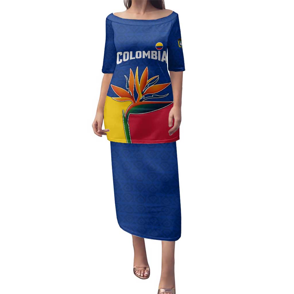 Colombia Heliconia Flower Family Matching Puletasi and Hawaiian Shirt with Flag Colors and Blue Cultural Pattern Design - Wonder Print Shop