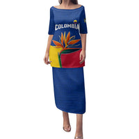 Colombia Heliconia Flower Family Matching Puletasi and Hawaiian Shirt with Flag Colors and Blue Cultural Pattern Design - Wonder Print Shop