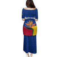 Colombia Heliconia Flower Family Matching Puletasi and Hawaiian Shirt with Flag Colors and Blue Cultural Pattern Design - Wonder Print Shop