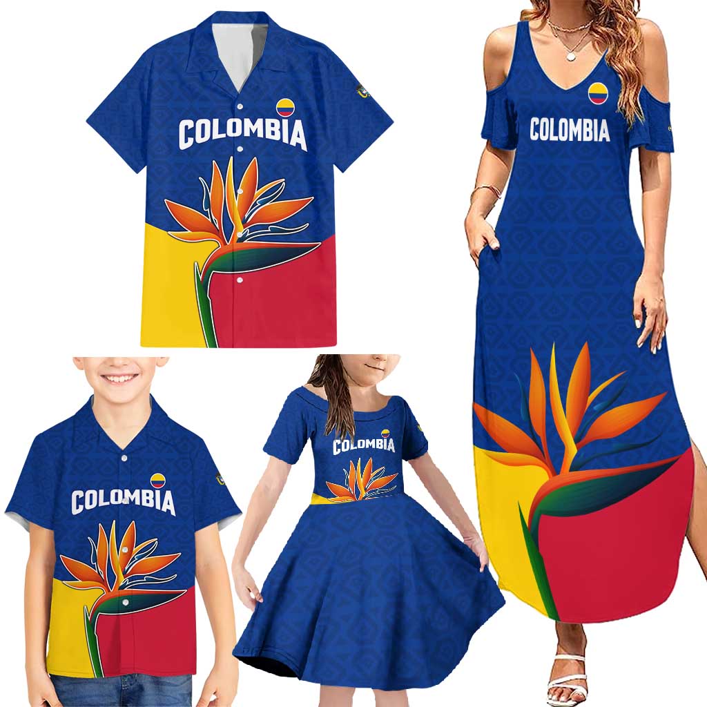 Colombia Heliconia Flower Family Matching Summer Maxi Dress and Hawaiian Shirt with Flag Colors and Blue Cultural Pattern Design - Wonder Print Shop
