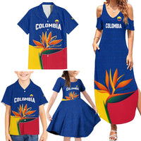 Colombia Heliconia Flower Family Matching Summer Maxi Dress and Hawaiian Shirt with Flag Colors and Blue Cultural Pattern Design - Wonder Print Shop