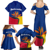 Colombia Heliconia Flower Family Matching Summer Maxi Dress and Hawaiian Shirt with Flag Colors and Blue Cultural Pattern Design - Wonder Print Shop