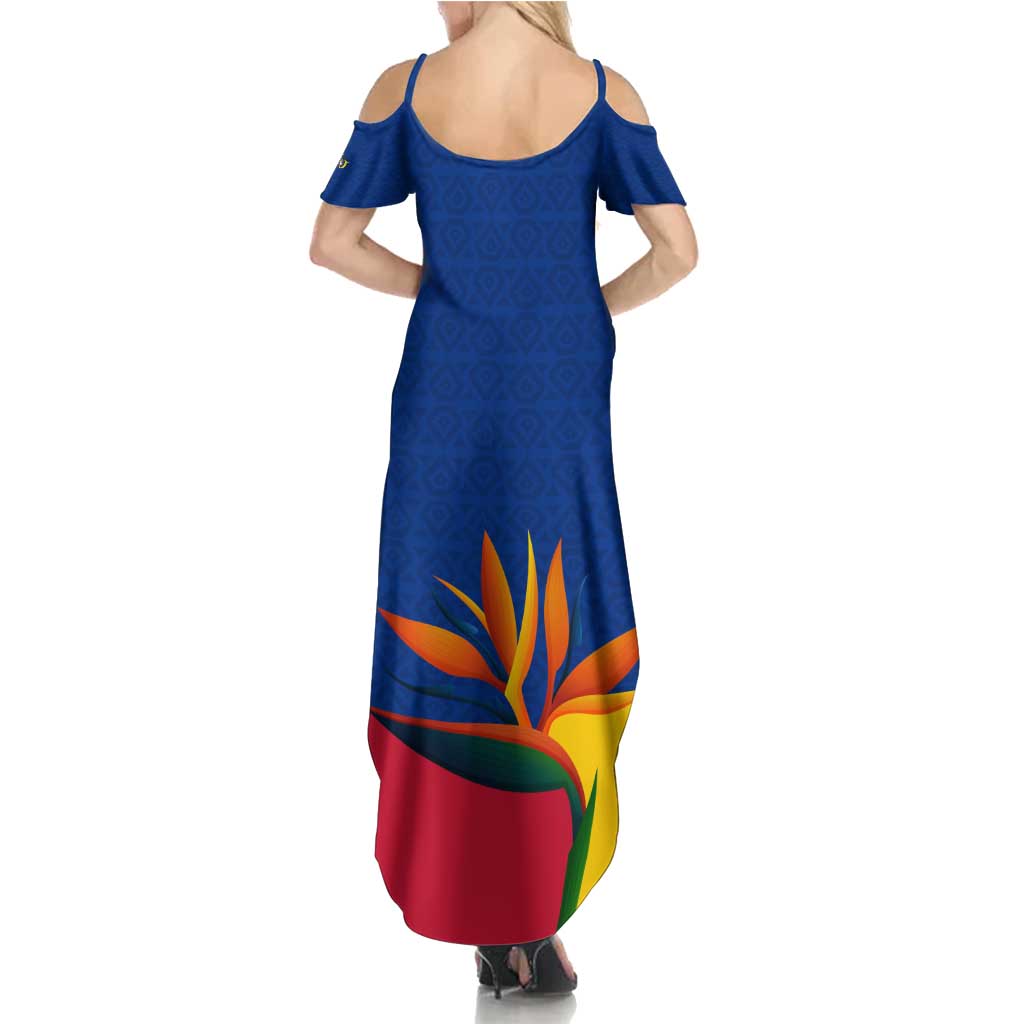 Colombia Heliconia Flower Family Matching Summer Maxi Dress and Hawaiian Shirt with Flag Colors and Blue Cultural Pattern Design - Wonder Print Shop