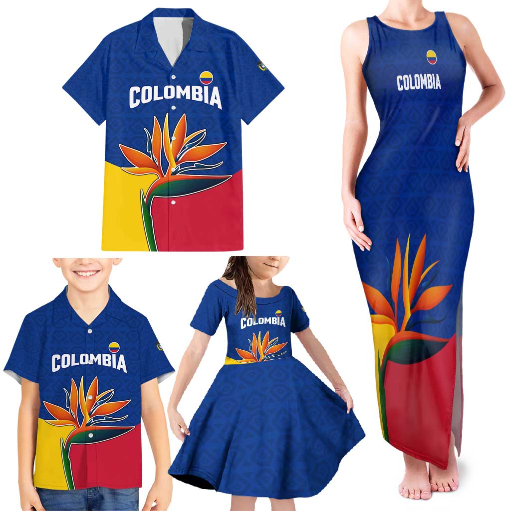 Colombia Heliconia Flower Family Matching Tank Maxi Dress and Hawaiian Shirt with Flag Colors and Blue Cultural Pattern Design - Wonder Print Shop