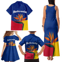 Colombia Heliconia Flower Family Matching Tank Maxi Dress and Hawaiian Shirt with Flag Colors and Blue Cultural Pattern Design - Wonder Print Shop